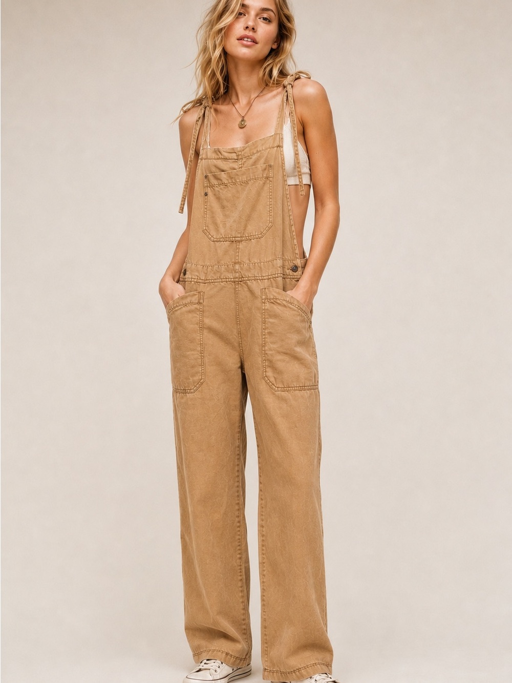 Free People Casual Tan Tie-Shoulder Overalls